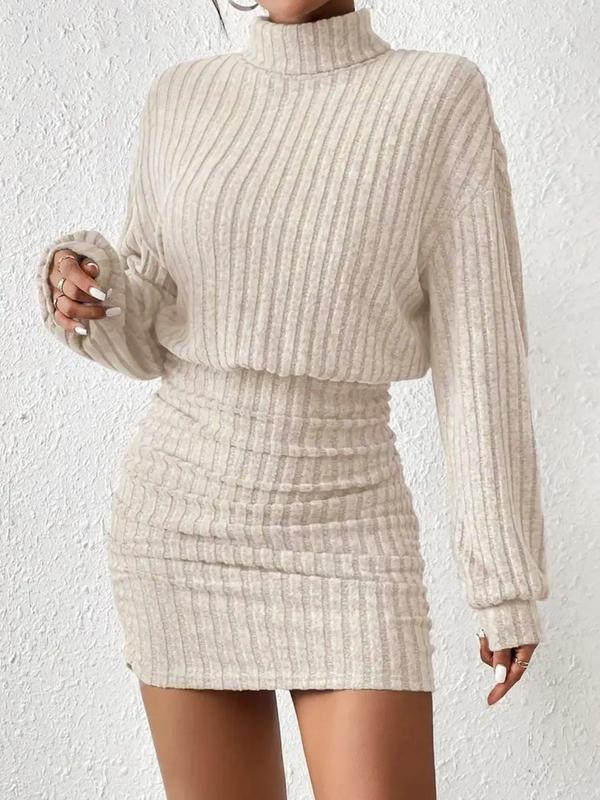 AITANA™ - Plain Drop Shoulder Turtleneck Ribbed Dress for Fall & Winter