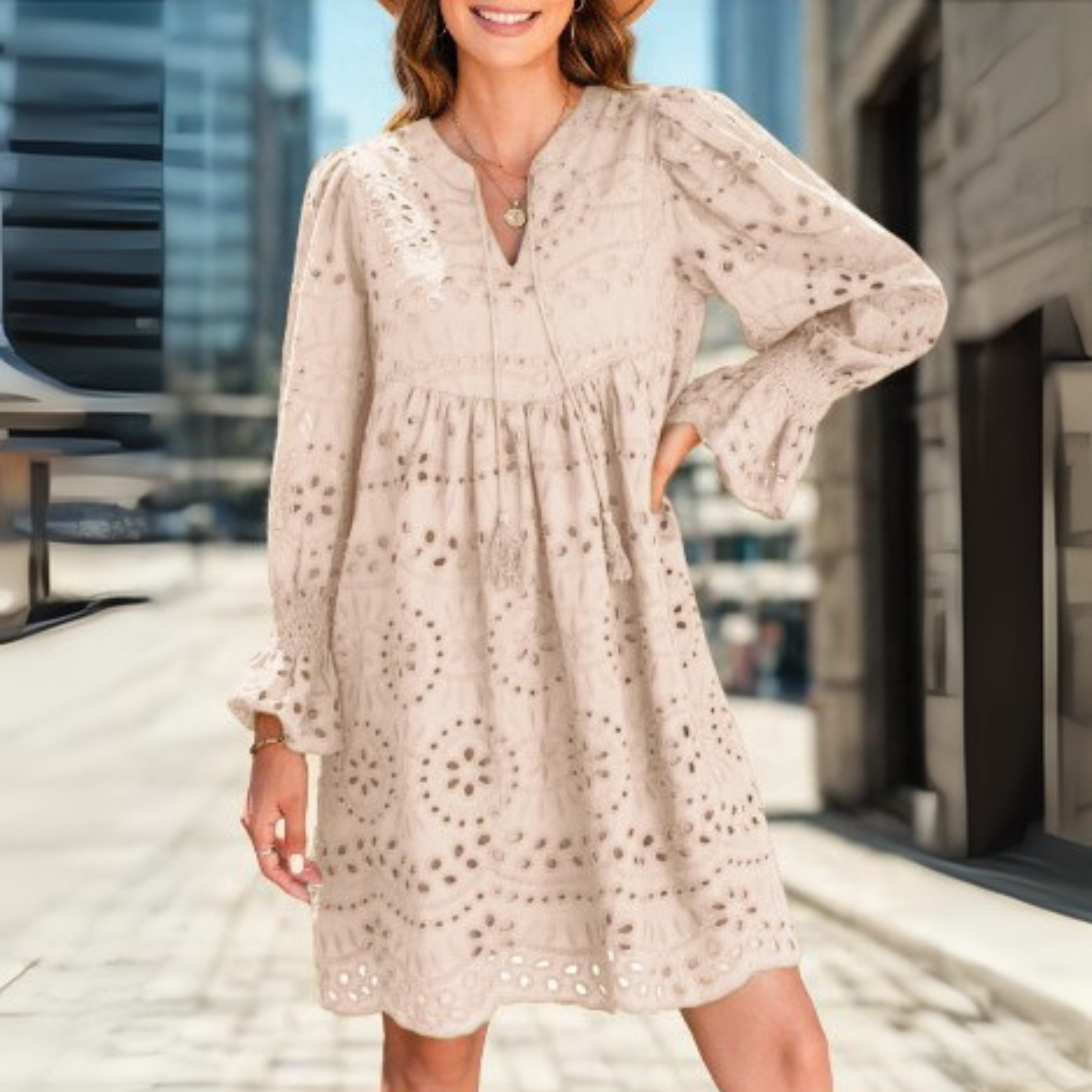 ANIM™ - Classy Tassel V-Neck Long Sleeve Mini Dress